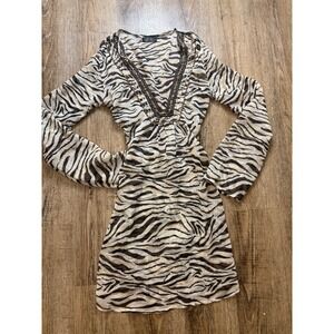 F&F Zebra Print Beaded V-Neck Tunic Dress Gold Metallic Boho Mini Size M